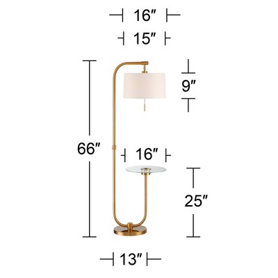 Antique Brass Arc Floor Lamp with White Linen Shade and Glass Tray