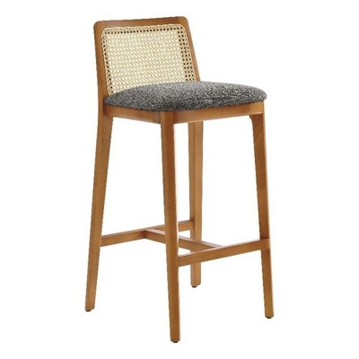 Modway Monarch Wood Bar Stool with Cane Rattan Back and Padded Seat in Honey Natural Gray
