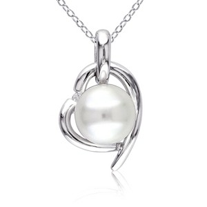 EVERLY JEWELRY | Sterling Silver 8.5-9mm Cultured Freshwater Pearl and Diamond Accent Heart Pendant with Chain, 18" - 1 of 4