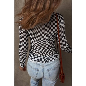 Checkered Pattern Mesh Mock Neck Long Sleeve Top - 1 of 1
