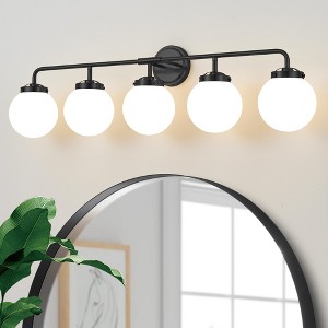 POWLIG 38.98-in 5-Light Matte Black Bathroom Light Fixtures Over Mirror Vanity Lighting with Milk White Glass Globe Shades - 1 of 4