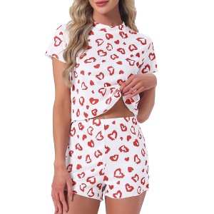 INSPIRE CHIC Women's 2 Pcs Ribbed Knit Pajamas O-Neck Short Sleeve Tops with Shorts Cute Patterns Ruffle Soft Lounge Sets - 1 of 4