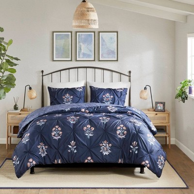 Navy Cotton Pintuck Floral King/Cal King Bedspread Set