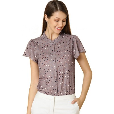 INSPIRE CHIC Women's Dots Print Ruffle Neck Short Sleeve Button Up Shirts