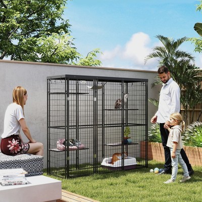 Black Weld Wire Outdoor Cat Enclosure with Hammock and Platforms