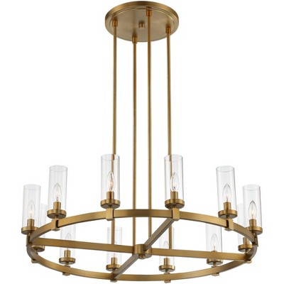 Aron 40" Brass Wagon Wheel Chandelier with Clear Glass Shades