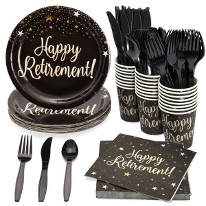 Blue Panda 144 Pieces Happy Retirement Decorations for Party Supplies with Disposable Dinnerware Set, Napkins, Paper Plates, Cups, Cutlery, 24 Guests - 1 of 4
