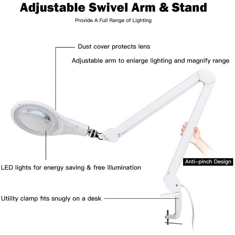 LED Magnifying Glass Desk Lamp w/ Swivel Arm & Clamp 2.25x Magnification White, 5 of 8