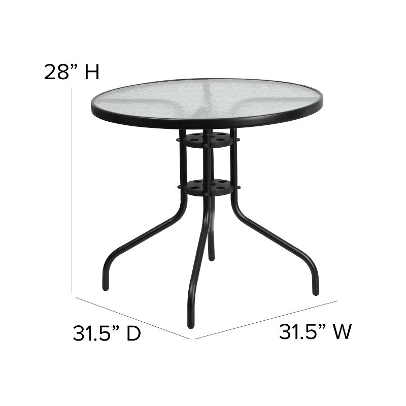 Emma and Oliver Five Piece Patio Table Set with Round Metal Table with Tempered Glass Top and 4 Flex Comfort Stacking Chairs, 5 of 11
