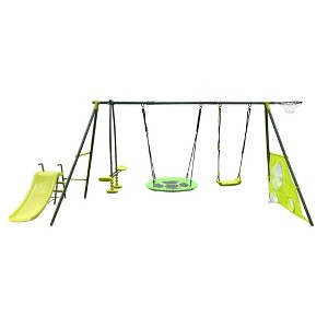 Whisen Outdoor Playset with Green Accents, Swings, Saucer Swing, Slide, Climbing Wall & Basketball Hoop, Gift for Kids - 1 of 4