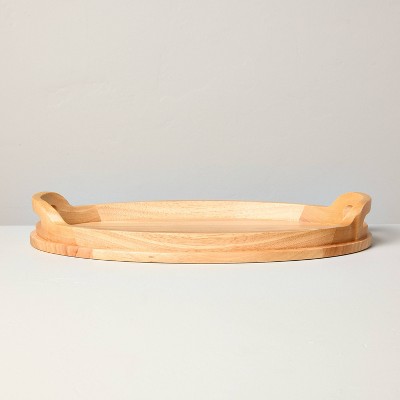 18" Light Brown Rubberwood Round Serving Tray with Handles