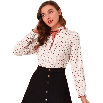 Allegra K Women's Bow Tie Neck Ruffled Collar Printed Long Sleeve Vintage Blouse