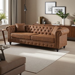 85.5" Tech Fabric Chesterfield 3-Seater Sofa with Rolled Arms, Button Tufted & 2 Cushions - 1 of 4