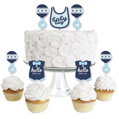 Big Dot of Happiness Hello Little One - Blue and Silver - Dessert Cupcake Toppers - Boy Baby Shower Clear Treat Picks - Set of 24