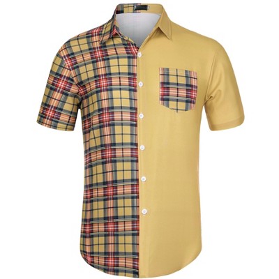 Lars Amadeus Men's Summer Plaid Patchwork Short Sleeves Button Checked Shirt
