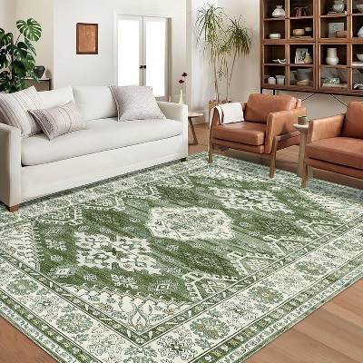 Washable Boho Rug Ultra-Thin Distressed Vintage Rug Low-Pile Floor Carpet Stain Resistant Rugs for Living Room Bedroom Dining Room Office