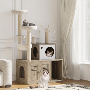 Cat Tree, Cat Condo - with Litter Box Enclosure, Wooden Furniture with Platform, Hammock, Scratching Posts for Indoor Kittens - 1 of 4