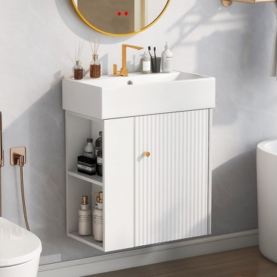 21.6 Inch Modern Floating Bathroom Vanity With Ceramic Basin, Storage Space Modern Wooden Bathroom Vanity