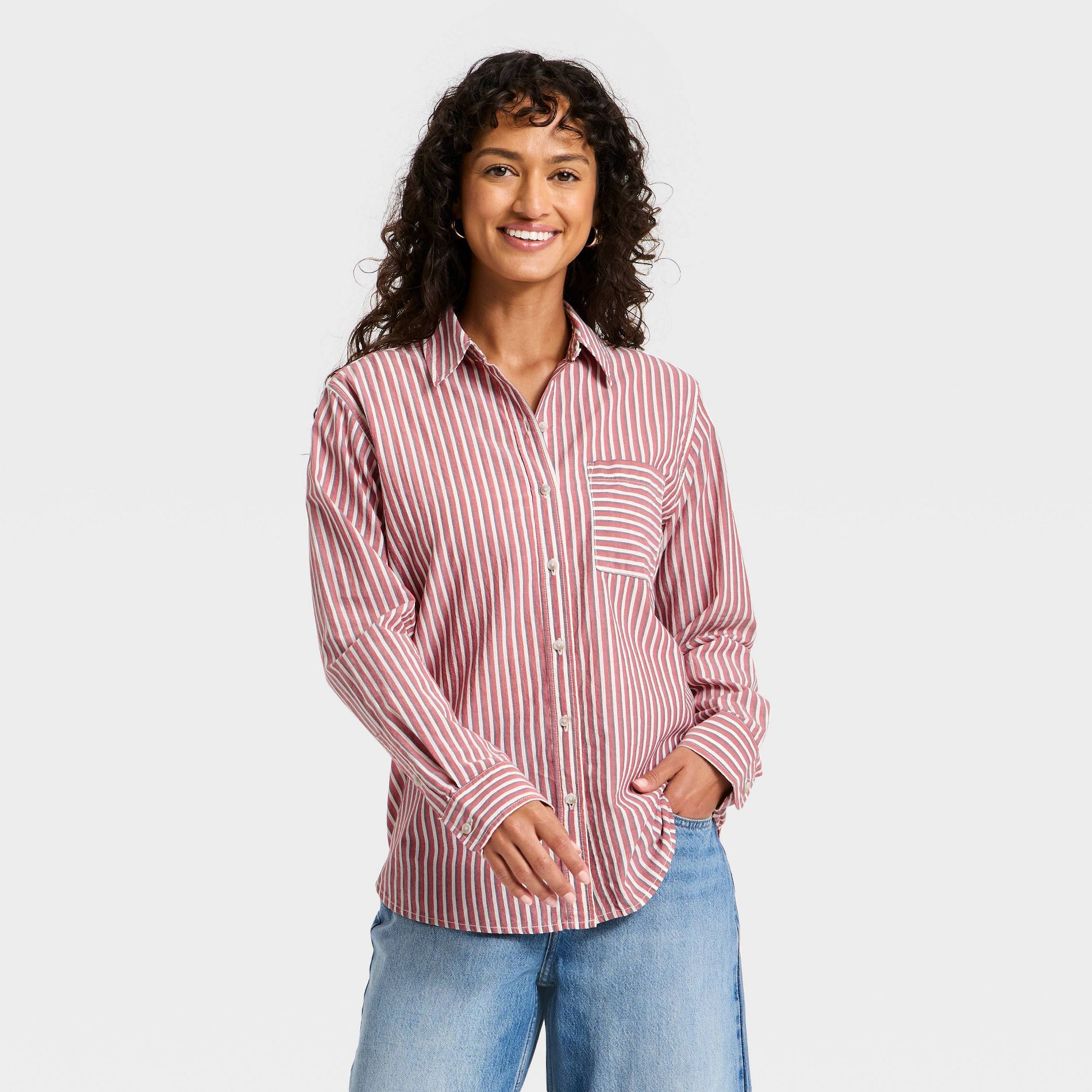 Women's Long Sleeve Collared Striped Button-Down Shirt - Universal Thread™ Red