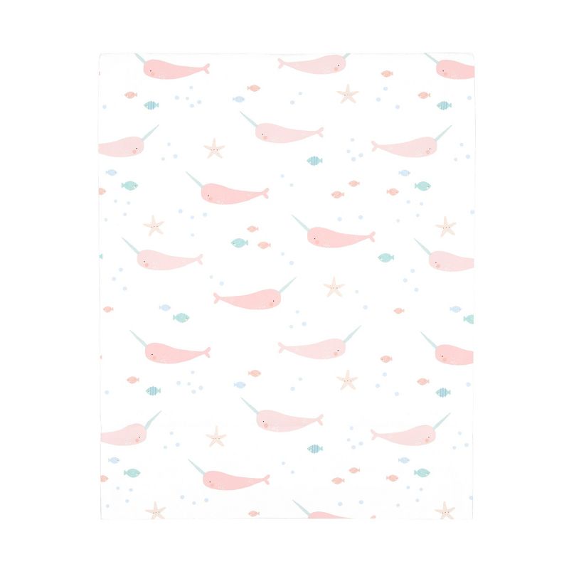 NoJo Super Soft Pink, Aqua and White Watercolor Narwhal Fitted Mini Crib Sheet, 2 of 4