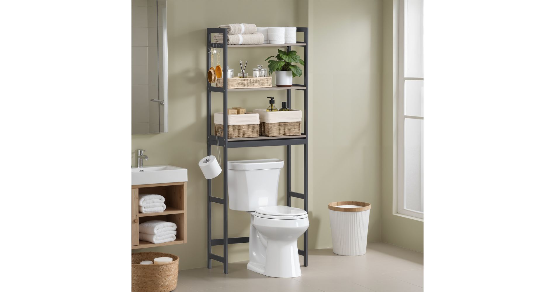 LEDREM Over-The-Toilet Storage, 3-Tier Bathroom Organizer Over Toilet with Adjustable Shelves, Hooks, Bamboo, Greige and Black