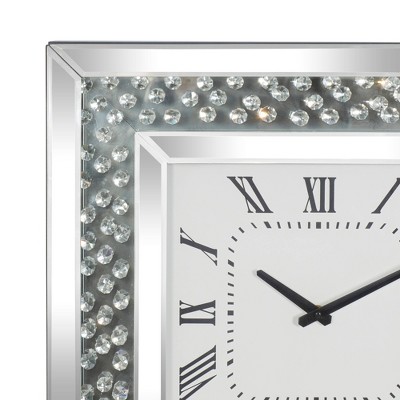 Silver Mirrored Square Wall Clock with Floating Crystals