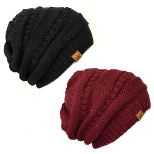 Wrapables Slouchy Winter Beanie Cap Hat Set of 2, Black and Burgundy - 1 of 4