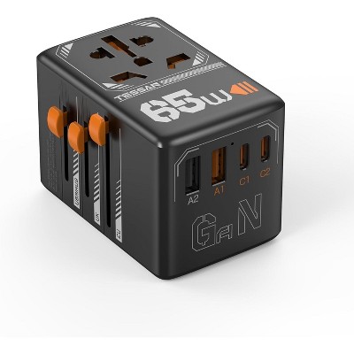 Universal Travel Adapter, GaN 65W International Plug Adaptor with 4 USB (2 USB-C), Worldwide Power Outlet for US, EU, UK, AUS, Ireland (Type C/G/A/I)