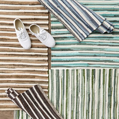Handmade Blue and White Cotton Stripe Rectangular Rug