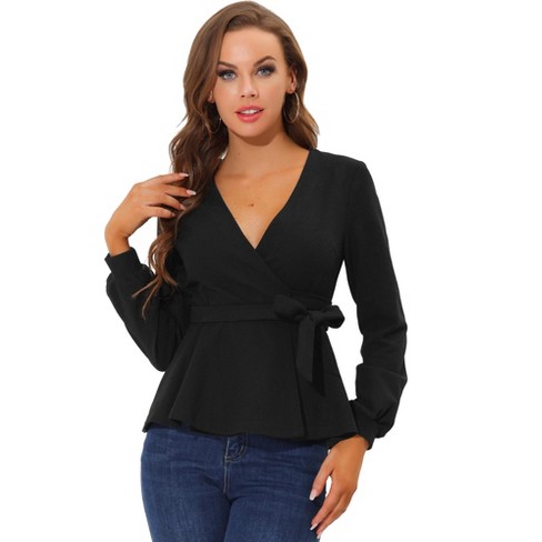 Allegra K Women's V Neck Wrap Top Tie Waist Long Sleeve Casual Peplum ...