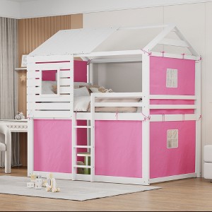 Full Size Wooden House Bunk Bed with Tent for Bedroom - 1 of 4