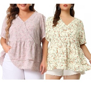 Women's Plus Size 2 Pieces Floral Flare Hem V Neck Short Sleeve Casual Layered Peplum Blouses - Agnes Orinda - 1 of 4