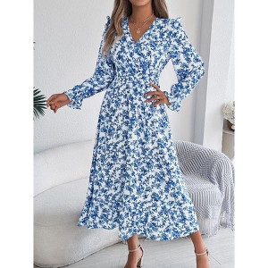 Women's Summer Fall lantern Long Sleeve Smocked Waist Floral Maxi Boho Dress Wrap V Neck Ruffle Hem Long Dress - 1 of 4
