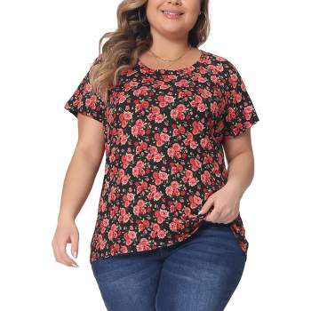 Agnes Orinda Women's Plus Size Short Sleeve Round Neck Casual Country Floral Printed Basic Tops