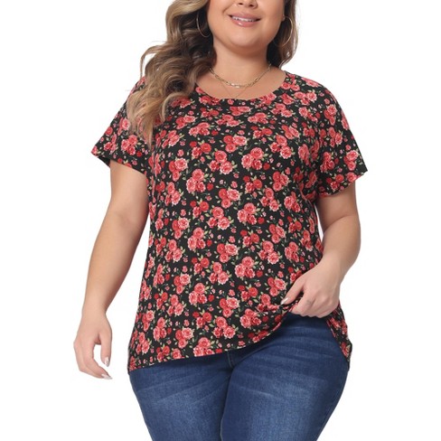 Agnes Orinda Women's Plus Size Floral Keyhole Flared Short Sleeve Chiffon  Blouse 