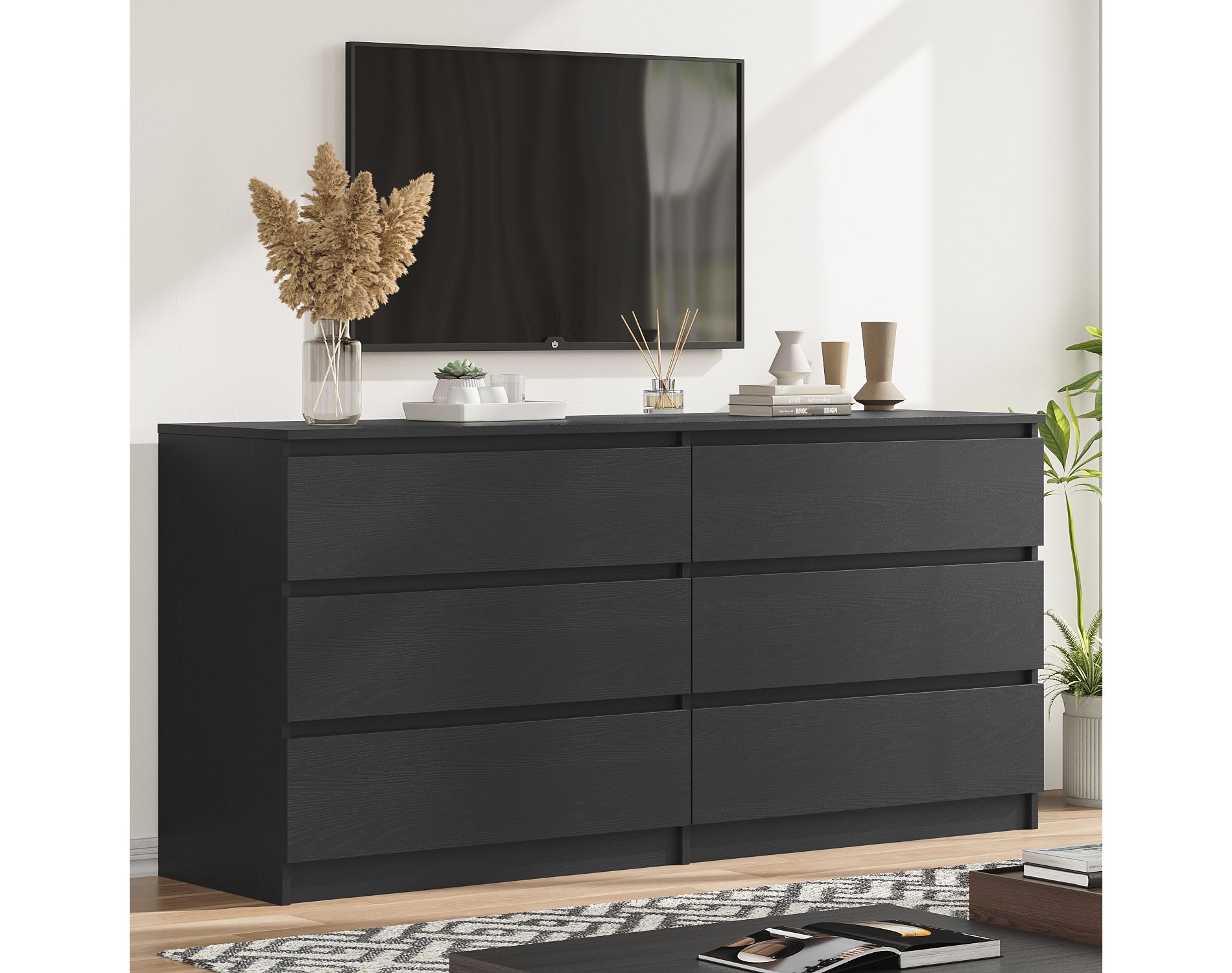 59'' Black Dresser for Bedroom, Modern Wood Dresser with 6 Deep Drawers, Handle Free Design & Sturdy Base, Wide Chest of Drawers for Closet