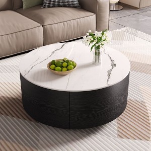 Sapphtopaz Modern Coffee Table with 2 Drawers & Casters Round Center Table with Marble Pattern Sintered Stone Top Coffee Tables for Living Room - 1 of 4