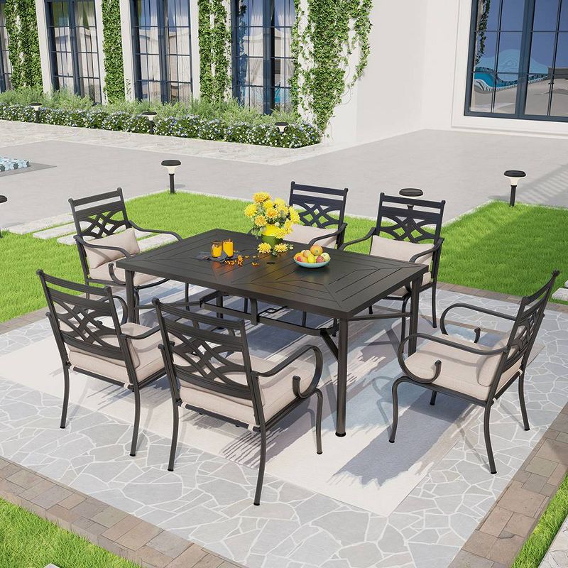 7pc Outdoor Dining Set with 6 Chairs with Seat &#38; Back Cushions &#38; Metal Rectangle Table with Umbrella Hole - Captiva Designs, 1 of 22
