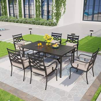 7pc Outdoor Dining Set with 6 Chairs with Seat & Back Cushions & Metal Rectangle Table with Umbrella Hole - Captiva Designs