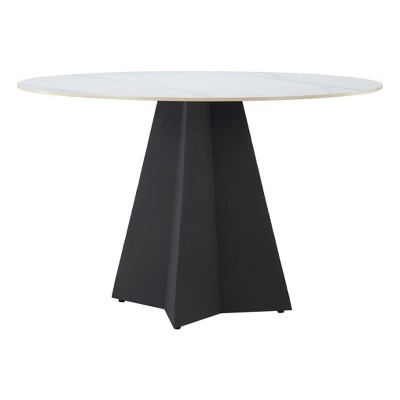 HomeRoots 48" White and Black Sintered Stone and Steel Pedestal Base Round Dining Table