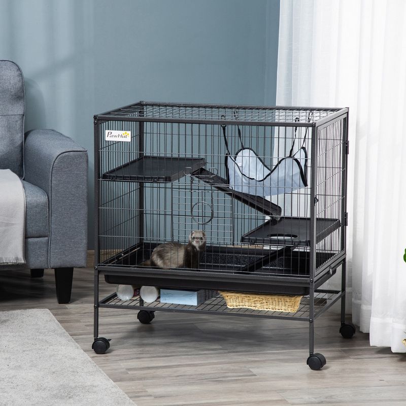 PawHut 3-Storey Small Animal Cage, Metal Ferret Cage, Chinchilla Play House, with Casters Hammock No Leaking Tray Storage Shelf, 31.5"x20.5"x33", 2 of 7