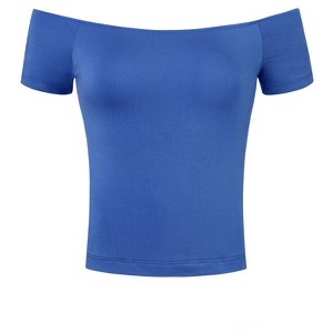 INSPIRE CHIC Women's Short Sleeves Off The Shoulder Stretchy Fabric Solid Crop Top - 1 of 4