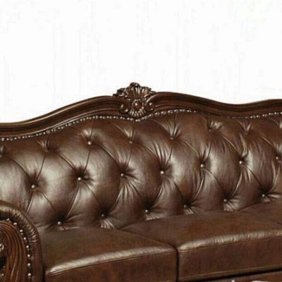 Brown Tufted Faux Leather Sofa with Rolled Arms and Nailhead Trim