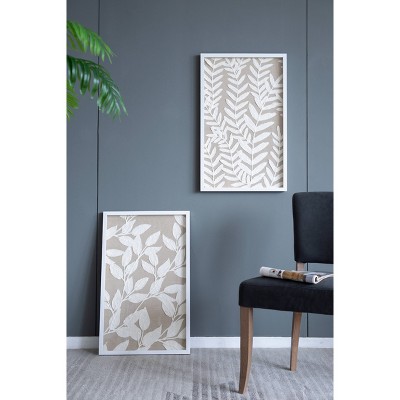 Set of 2 White Botanical Paper Shadow Box Wall Decor with MDF Frame