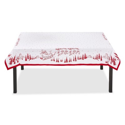 tagltd 60"x 84" Santa & Reindeer Sleigh in Forest Red and White Cotton Oblong Christmas Tablecloth