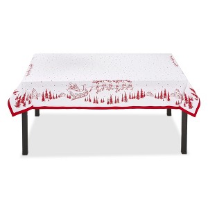 tagltd 60"x 84" Santa & Reindeer Sleigh in Forest Red and White Cotton Oblong Christmas Tablecloth - 1 of 2