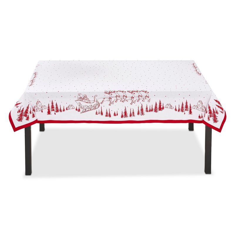 tagltd Border Embroidered Red Santa and Sleigh in Forest White Background Cotton Tablecloth, 84.0 x 60 in., 1 of 3