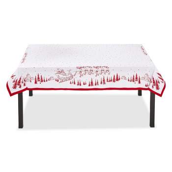 tagltd Border Embroidered Red Santa and Sleigh in Forest White Background Cotton Tablecloth, 84.0 x 60 in.