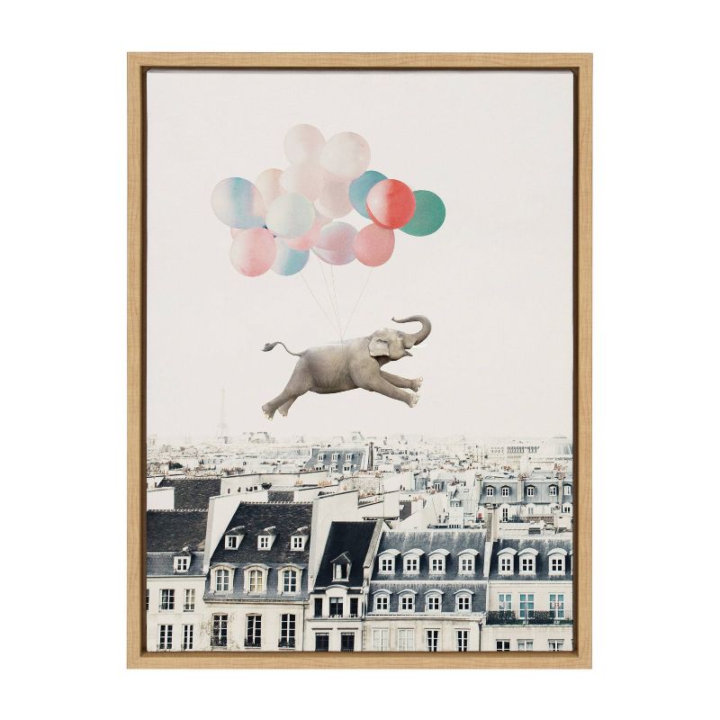 Kate &#38; Laurel All Things Decor 18&#34;x24&#34; Sylvie Happy Elephant in Paris Framed Canvas Wall Art by July Art Prints Natural Zoo Animal City, 1 of 7