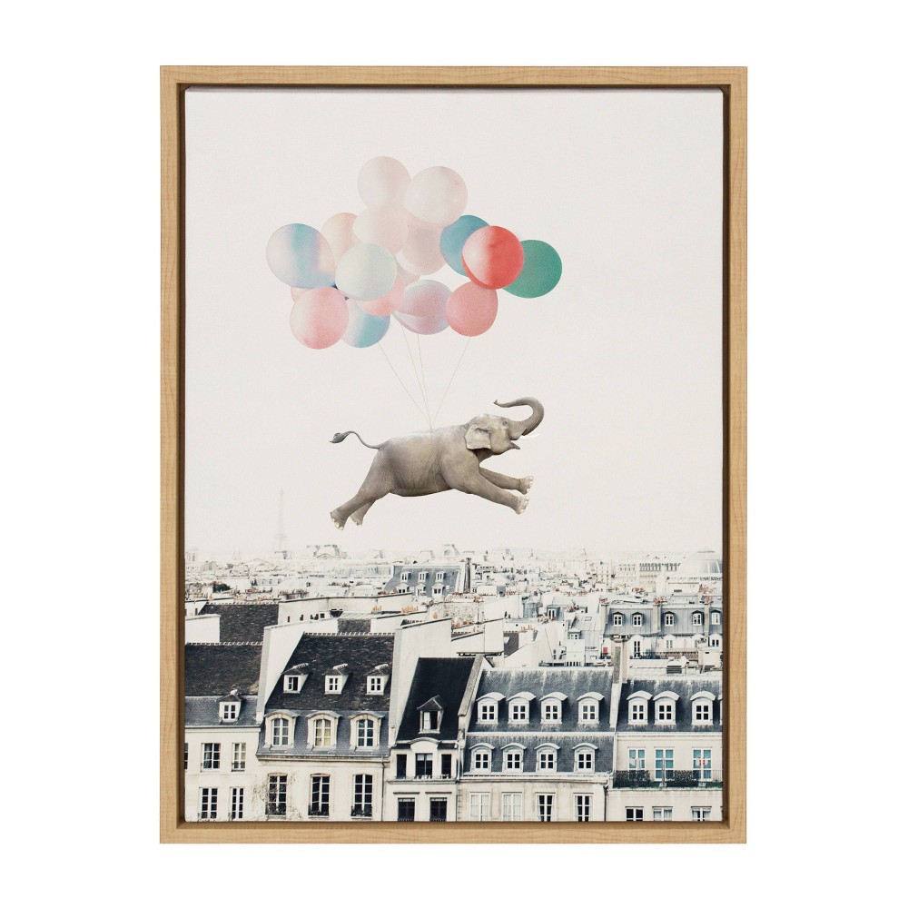 Photos - Other Decoration Kate & Laurel All Things Decor 18"x24" Sylvie Happy Elephant in Paris Framed Canvas Wall Art by July Art Prints Natural Zoo